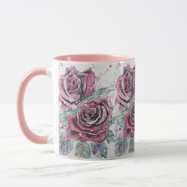 Red Rose Watercolour and Ink roses Painting Mug (Left)