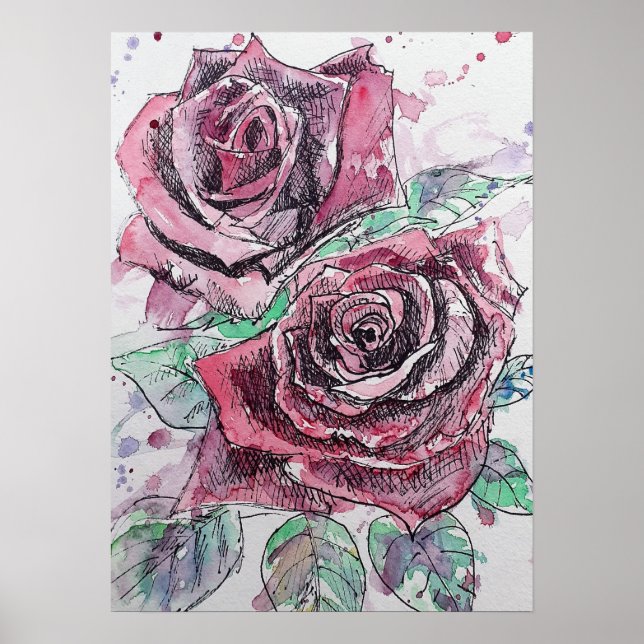 Red Rose Watercolour art Rose Nature Garden Poster (Front)