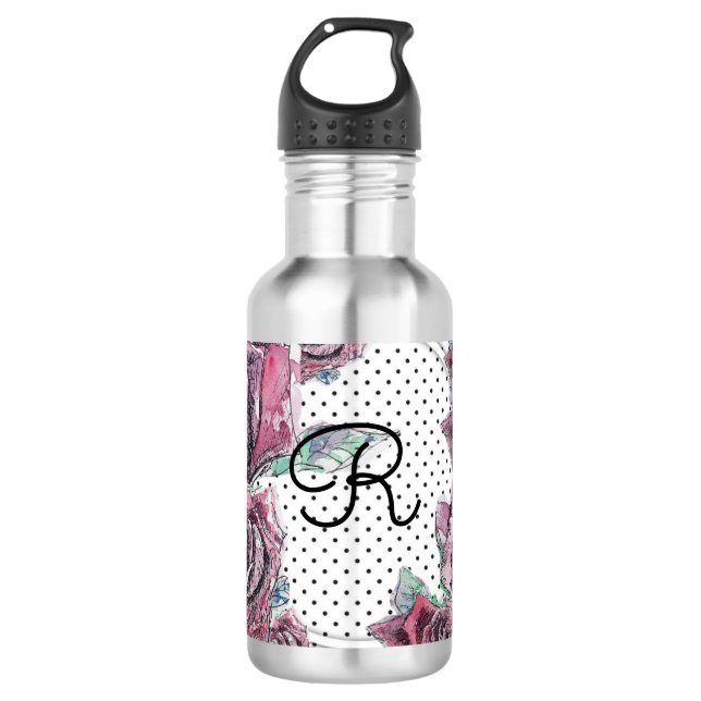 Red Rose Watercolour dot Womans Initial 532 Ml Water Bottle (Front)