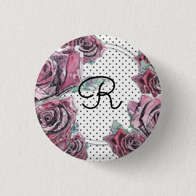 Red Rose Watercolour dot Womans Initial Badge 1 Inch Round Button (Front)