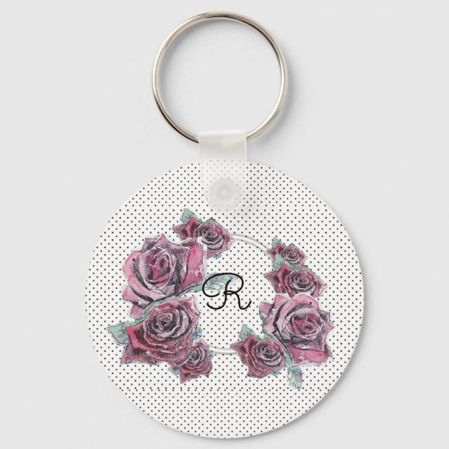 Red Rose Watercolour dot Womans Initial Keyring (Front)