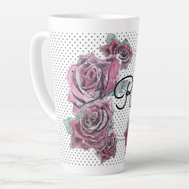Red Rose Watercolour dot Womans Initial Latte Mug (Left Angle)