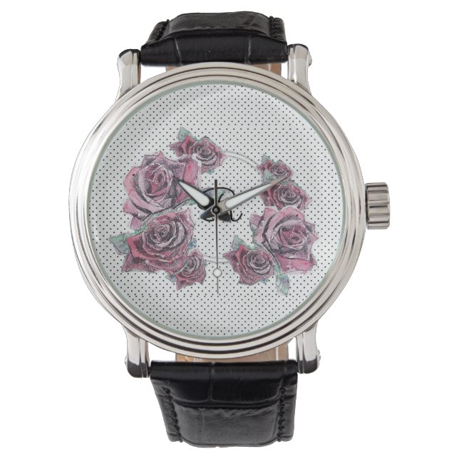 Red Rose Watercolour dot Womans Initial Watch (Front)