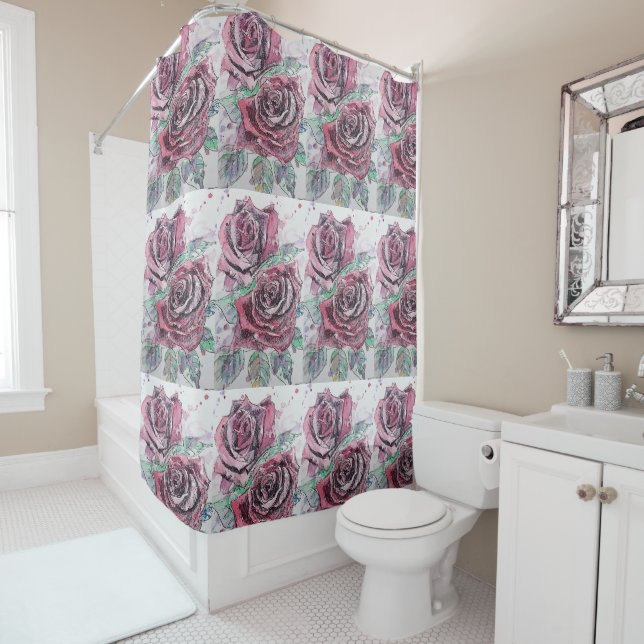 Red Rose Watercolour Painting Shower Curtain (In Situ)