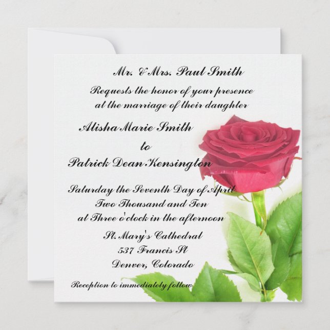 Red Rose Wedding Bridal Invitation Announcement (Front)