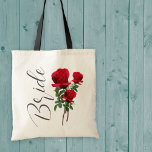 Red Rose Wedding Brides Bag<br><div class="desc">Cloth tote bag for the bride.  Realistic red roses design with "Bride" text in dark grey script up the side.  A modern gift or useful item for the bride who loves roses.</div>