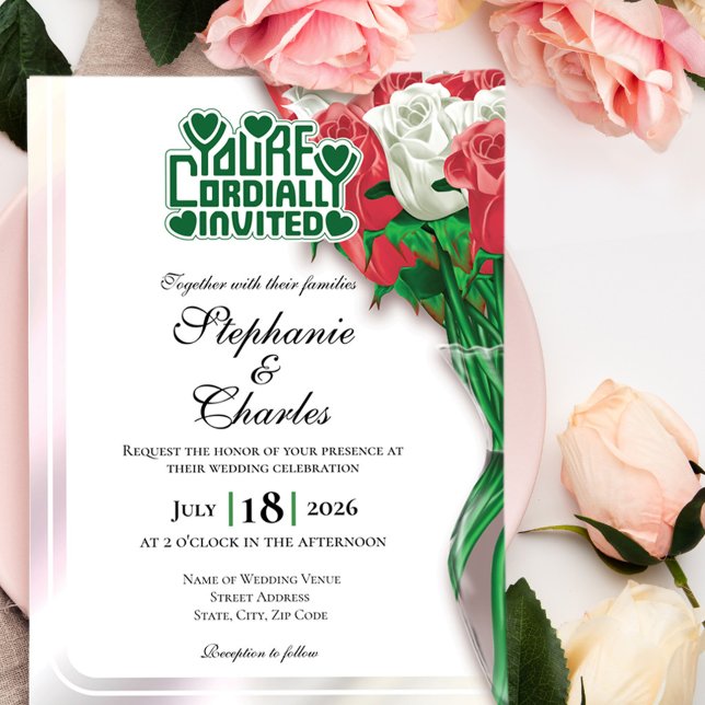 Red Rose Wedding Invitation - Green Lettering 3 (Red and White roses in vase wedding invite design with green heading)