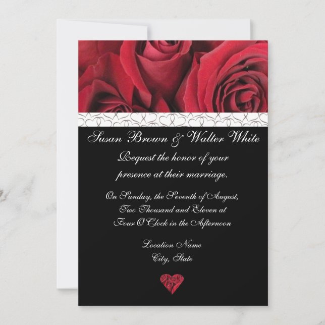 Red Rose Wedding Invitation with Grey Hearts (Front)