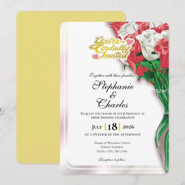 Red Rose Wedding Invite - Gold Letters 1 (Front/Back)