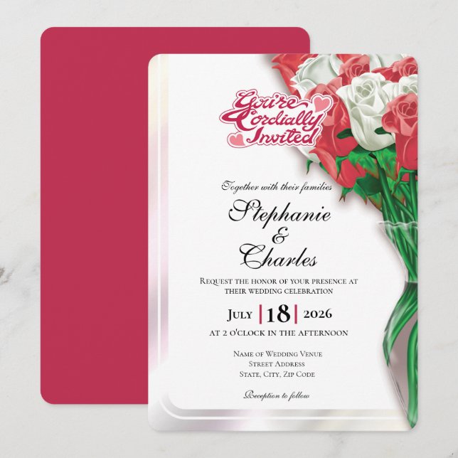 Red Rose Wedding Invite - Red Letters 1 (Front/Back)