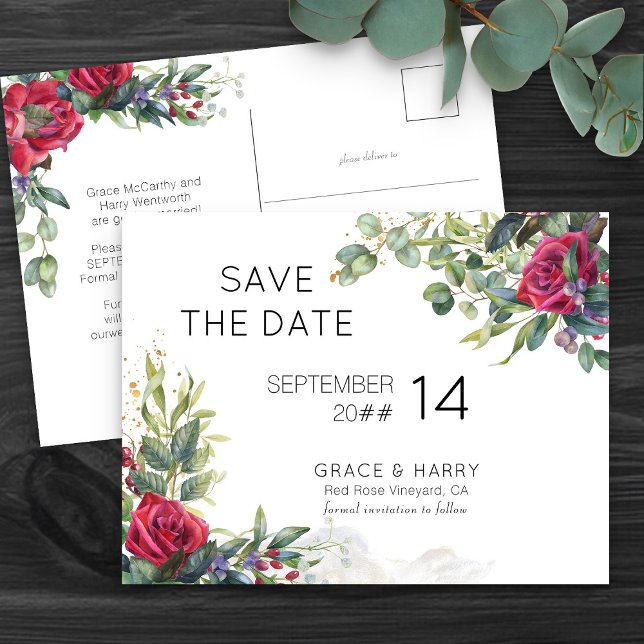Red Rose Wedding Save the Date Announcement Postcard (Save the Date Postcard with romantic red roses, from my Red Rose and Eucalyptus Wedding Collection)