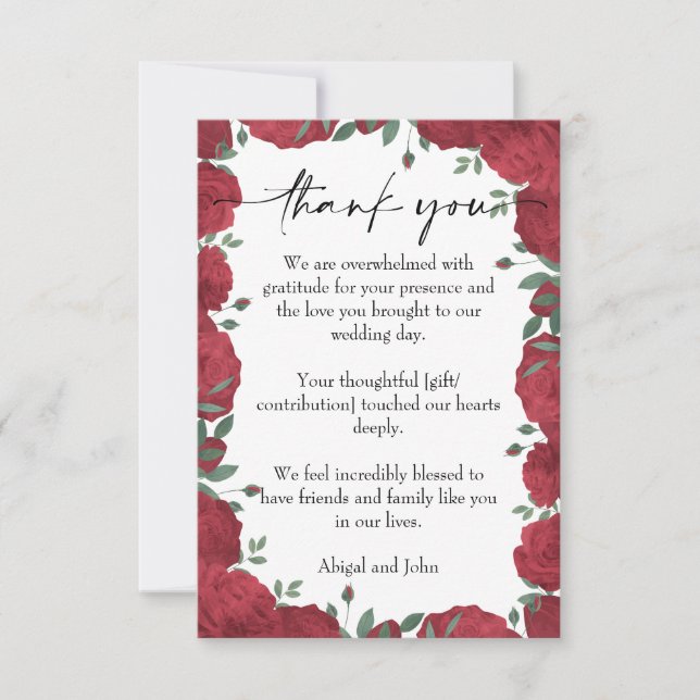 Red rose wedding  thank you card (Front)