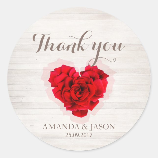 Red rose wedding thank you round sticker hhn01 (Front)