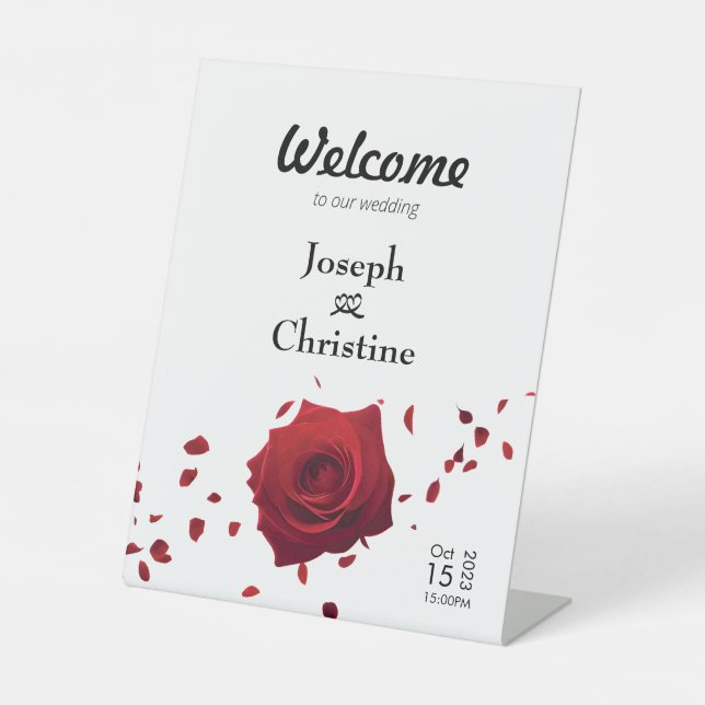 Red Rose Wedding Welcome Pedestal Sign (Front)
