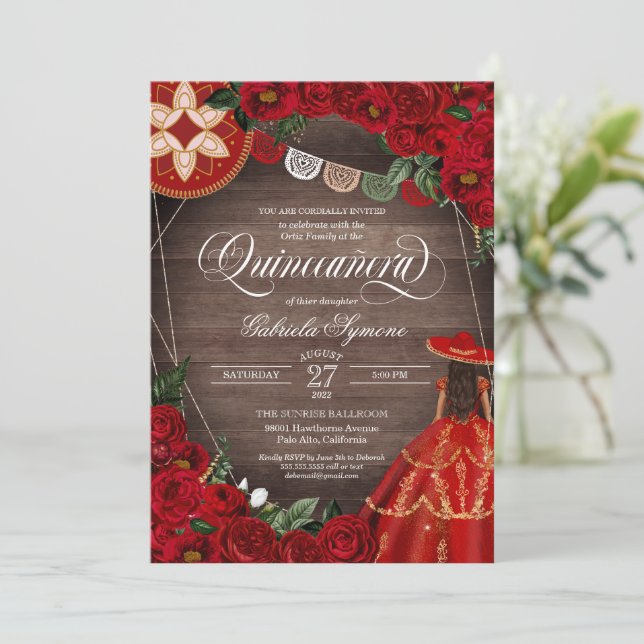 Red Rose Western Charra Mariachi Quinceañera Dress Invitation (Standing Front)
