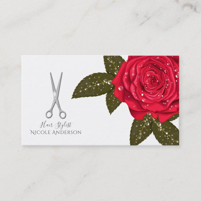 Red Rose Wet Hair Stylist Silver Scissors Business Card (Front)