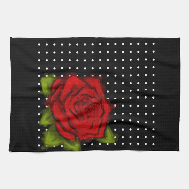 Red rose, White dots Kitchen Towel (Horizontal)