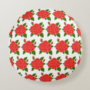 Red Rose with Buds White Round Pillow