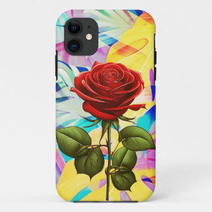 RED ROSE WITH GEOMETRIC MODERN NATURE BACKGROUND iPhone 11 CASE