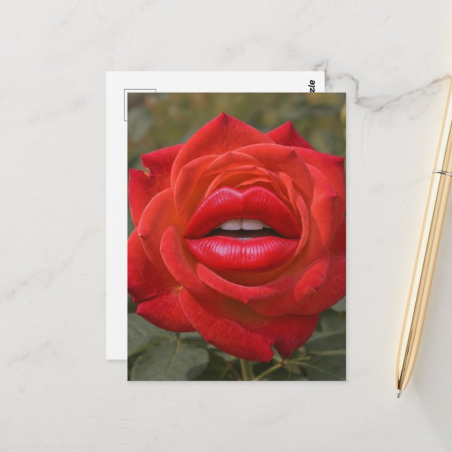 Red Rose with Lips Collage Postcard (Front/Back In Situ)