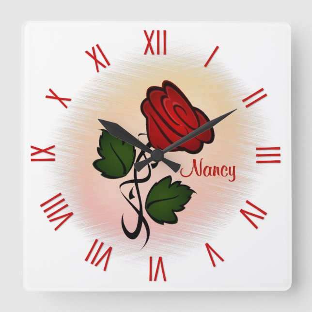 Red Rose with Name Roman Numerals Square Wall Clock (Front)