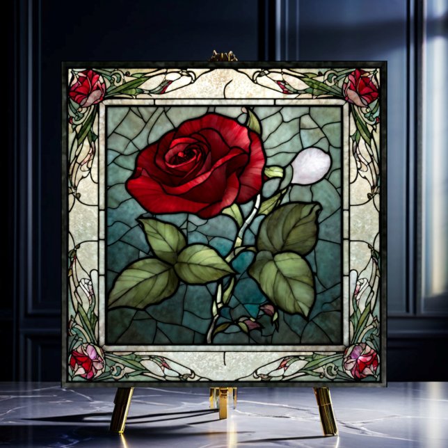 Red Rose with Vine Border Stained-Glass Look Tile (Creator Uploaded)