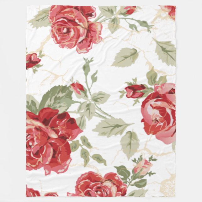 Red rose with white background print fleece blanket (Front)