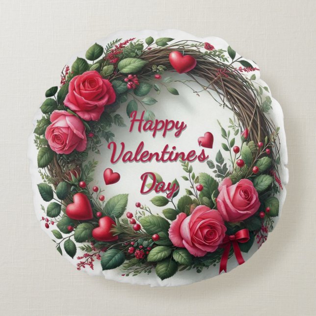 Red Rose Wreath Valentines' Day Round Pillow (Front)