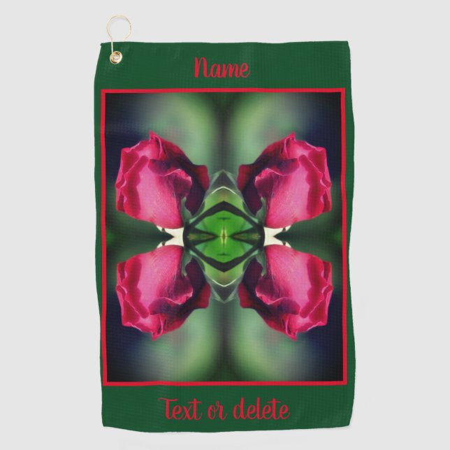 Red Rosebud Bending Abstract Personalized Golf Towel (Front)