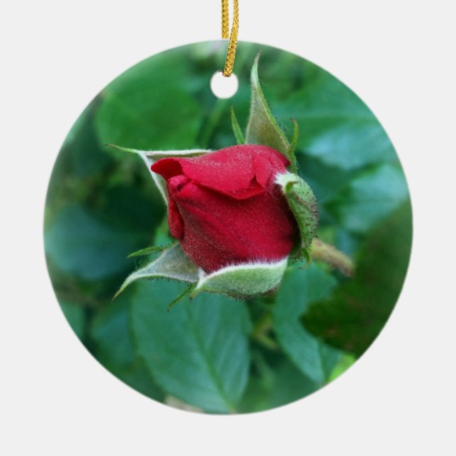 red rosebud ceramic ornament (Front)