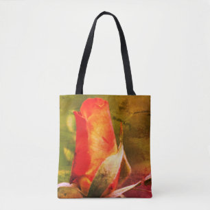 Red Rosebud Flower Art Distressed Tote Bag