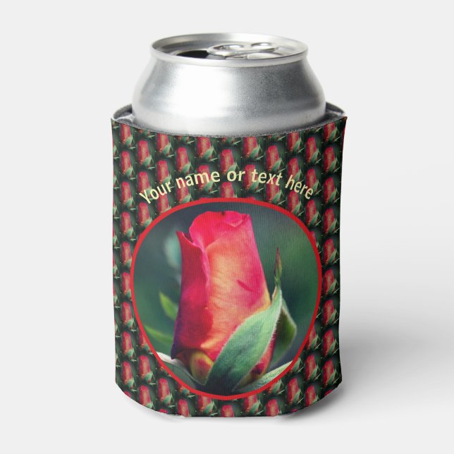 Red Rosebud Flower Personalized  Can Cooler (Can Front)