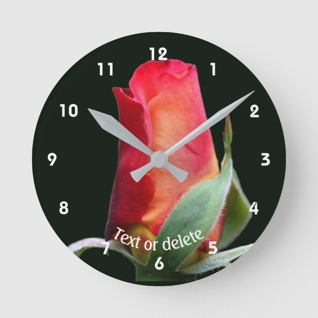 Red Rosebud Flower Personalized Round Clock (Front)