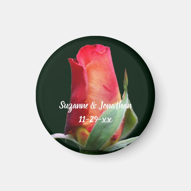 Red Rosebud Flower Personalized Wedding  Magnet (Front)