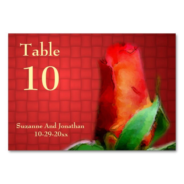 Red Rosebud Flower Personalized Wedding  Table Number (Front)