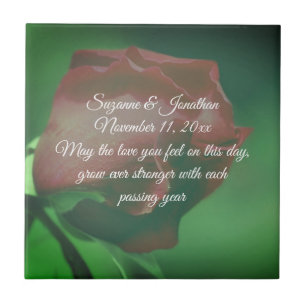 Red Rosebud Flower Personalized Wedding Tile