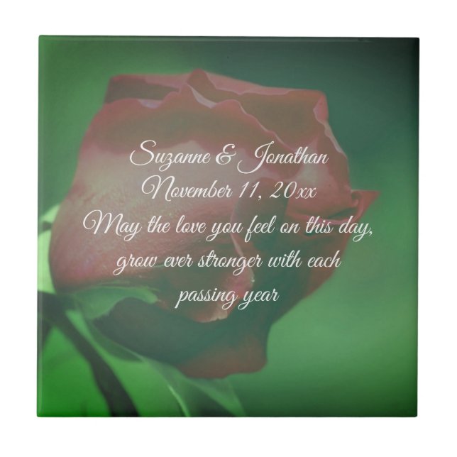 Red Rosebud Flower Personalized Wedding  Tile (Front)