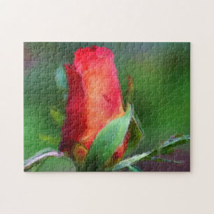 Red Rosebud Flower Watercolor Photo Painting  Jigsaw Puzzle