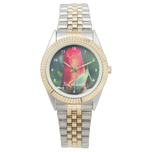 Red Rosebud Flower Yellow Highlights Personalized Watch