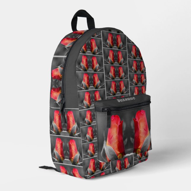 Red Rosebud Partial Colour Mirror Personalized Printed Backpack (Back Corner Left)