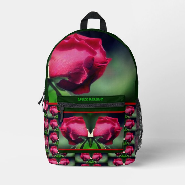 Red Rosebud Personalized Printed Backpack (Front)