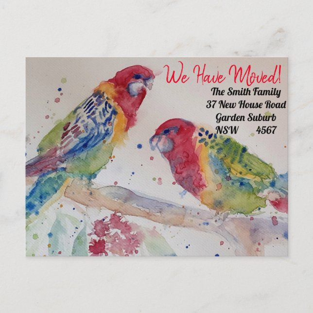 Red Rosella New Address Postcard We Are Moving (Front)