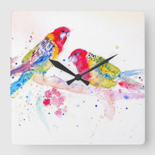 Red Rosella Parrot Parrots Birds Watercolor Wife Square Wall Clock