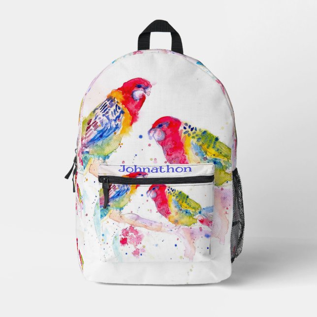 Red Rosella Parrot Watercolor Parrots Boys Name Printed Backpack (Front)