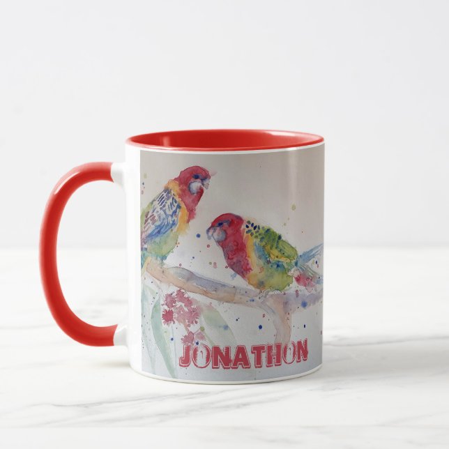 Red Rosella Parrot Watercolour Painting Name Mug (Left)