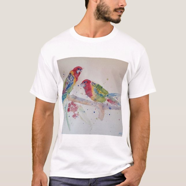 Red Rosella Parrot Watercolour Painting T-Shirt (Front)