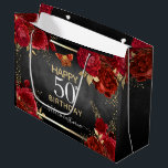 Red Roses 50th Birthday Large Gift Bag<br><div class="desc">Red roses,  faux gold foil leaves,  tiny red and gold butterfly. Elegant floral design for any year birthday celebration.Easy to personalize with template. Gorgeous birthday gift bag template design.</div>