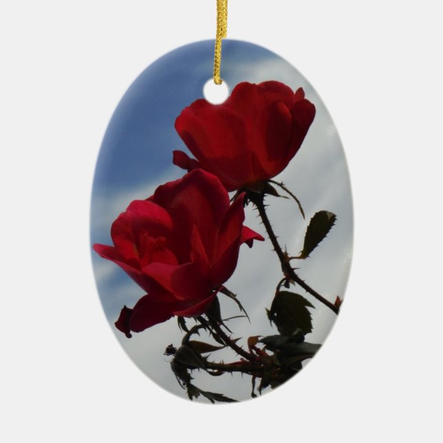 Red Roses Against a Bright Blue Sky Ceramic Ornament (Front)