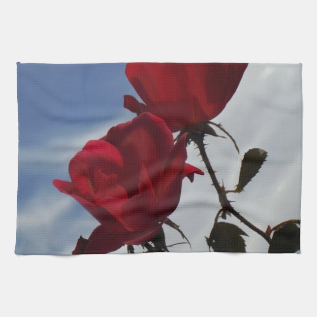 Red Roses Against a Bright Blue Sky Kitchen Towel (Horizontal)