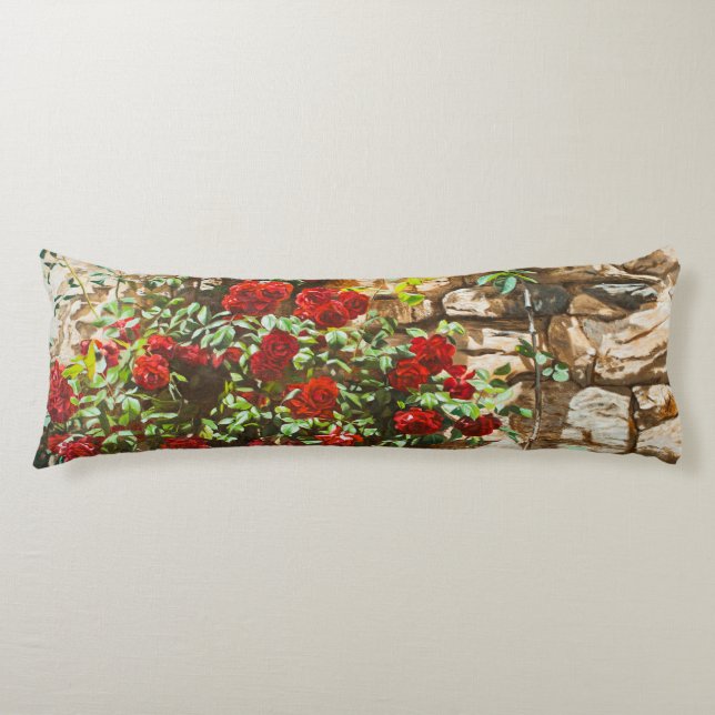 Red Roses Against a Stone Wall Body Pillow (Front)